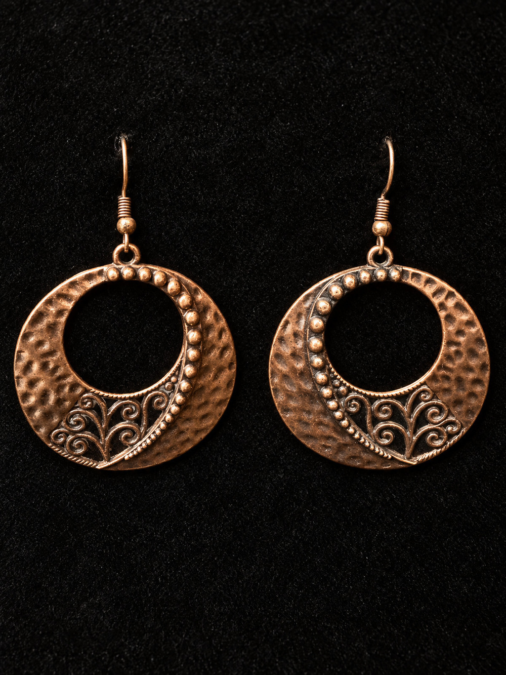 ⚜️ Hammered Copper-Tone Hoops | Scrollwork Dangle Earrings | Wire Hook 💗